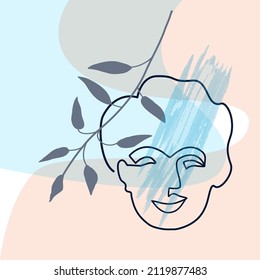 Abstract female portrait against the background of abstract shapes. Line art style. Minimalist. Pastel color. Postcard, poster, brochure, cover design. Vector