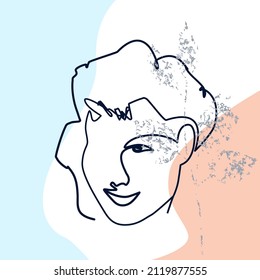 Abstract female portrait against the background of abstract shapes. Line art style. Minimalist. Pastel color. Postcard, poster, brochure, cover design. Vector