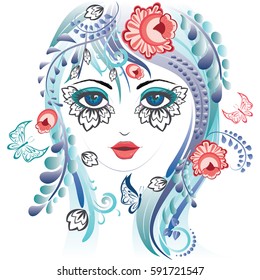 Abstract female portrait with colorful floral ornaments.
