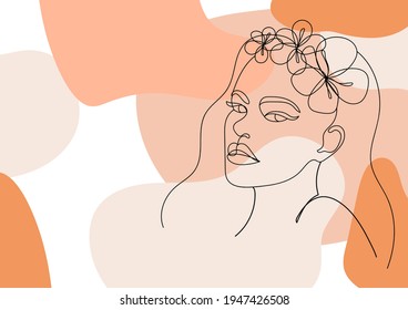 Abstract female portrait. Continuous one line drawing. Lovely woman face, fashion, beauty concept. Minimalist style. Simple flat vector illustration.