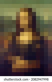 Abstract female portrait drawing in Pixel art, stylization of Mona Lisa, fashion concept, woman beauty minimalist, vector illustration 