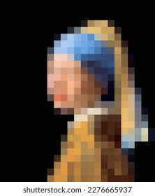 Abstract female portrait drawing in Pixel art, stylization of painting Girl with a Pearl Earring, Jan Vermeer. Fashion concept, woman beauty minimalist, vector illustration 