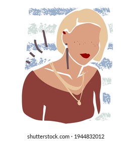 Abstract female portrait with empty face in minimalistic contemporary modern art or doodle style. Colored hand drawn vector illustration as a design element for women fashion or feminism concept.