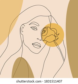 abstract female portrait with a flower in line art style in calm colors