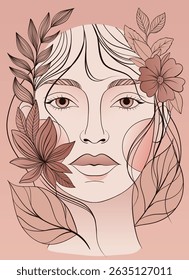 Abstract Female Portrait with Flowers and Leaves in Hair

