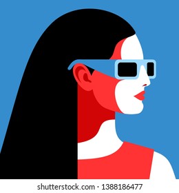 Abstract female portrait. Girl with long black hair, wearing sunglasses, profile face, blue background. Vector illustration
