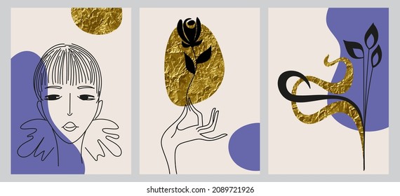 Abstract female portrait, hand, flower, ornament. Set of vector hand-painted linear painted posters with art deco elements. For postcard, poster, brochure, cover design, story, social media, web.