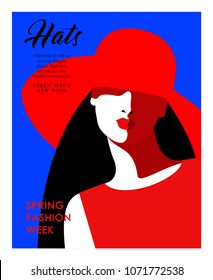 Abstract female portrait in hat. Woman in red with long black hair. Blue background, vector illustration
