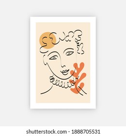 Abstract female portrait. Line drawing Matisse inspired poster, minimalist organic shapes. Contemporary vector illustration