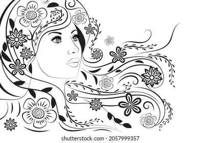 Abstract female portrait with long hair with flowers in black and white illustration.