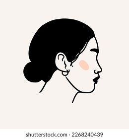 Abstract female portrait on a light background. The head of a modern young girl with her hair in a bun. Stylish character for an avatar in a social network. Vector flat illustration.
