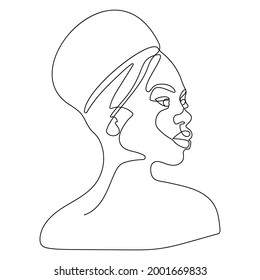 Abstract female portrait in one line style. Silhouetted figure, black outline. A look down, a beautiful face. For printing on cards, fabrics, logo for a beauty salon, cosmetics. Isolated on a white ba