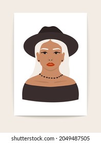 Abstract female portrait poster. Mid century contemporary woman silhouette face, fashion art print. Vector illustration