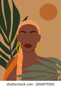 Abstract Female Portrait with scarf on her had in pastel background. Fashion Woman Minimalist Silhouette with Tropical leaves in earth tone. Boho feminine contemporary art posters. Vector illustration