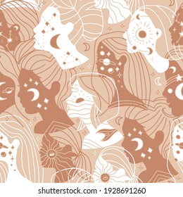 Abstraktes weibliches Porträt nahtloses Muster. Frauengesicht mit Stern und Mond im minimalistischen Kunststil. Moderner Modedruck. Kontinuierlicher Vektorhintergrund. Illustration, abstrakter Modehintergrund