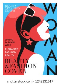 Abstract female portrait, side view. Girl wearing earrings and sunglasses. Fashion magazine cover design. Vector illustration