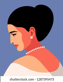 Abstract female portrait, side view. Woman wearing earrings and necklace. Vector illustration