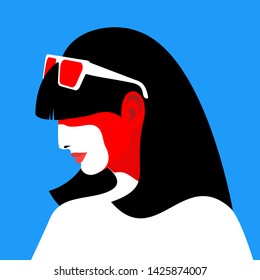Abstract female portrait, side view. Face of young woman with black hair and sunglasses. Vector illustration