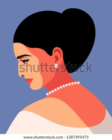 Abstract female portrait, side view. Woman wearing earrings and necklace. Vector illustration