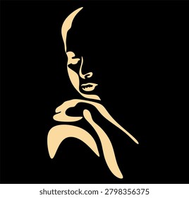 Abstract female portrait silhouette. Dramatic light and shadow contrast line art of a woman's profile on a dark background. Hand drawn without artificial intelligence.