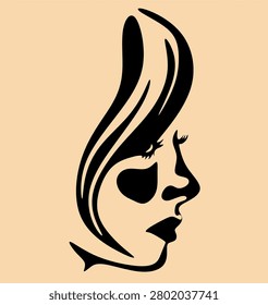 Abstract female portrait silhouette. Dramatic light and shadow contrast line art of a woman's profile. Hand drawn without artificial intelligence.