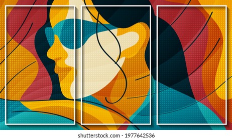 abstract female portrait. smooth swirling lines, colorful shapes with wavy edges form an impressionistic image of a woman in sunglasses. three pictures in white frames. author's work. vector 