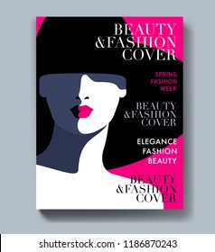 Abstract female portrait, woman wearing big hat. Woman fashion magazine cover design.  Vector illustration