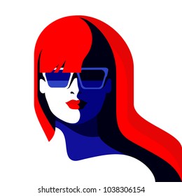 Abstract female portrait. Young woman wearing sunglasses. Vector illustration