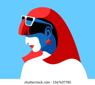 Abstract female portrait. Young woman,  side view, red hair, sunglasses. Vector illustration