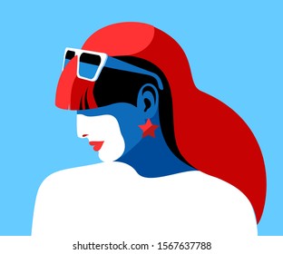 Abstract female portrait. Young woman,  side view, red hair, sunglasses. Vector illustration