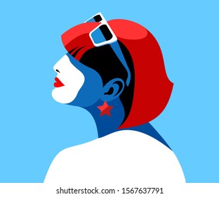 Abstract female portrait. Young woman,  side view, red hair, sunglasses. Vector illustration