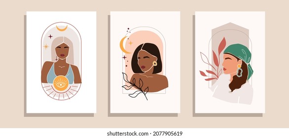Abstract female portraits, different shapes and palm leaves. Minimalism moden trend. Social media backgrounds
