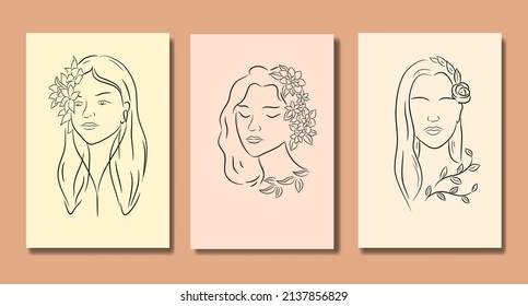 Abstract female portraits with flowers in hair and leaves. Set, trendy line drawings of a girl's face for posters and pictures, prints, postcards and cosmetic illustrations. Vector graphics