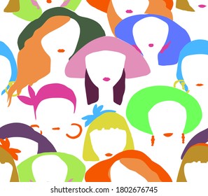 Abstract female portraits. Heads of girls in colored accessories, hats and kerchiefs. Seamless vector pattern.