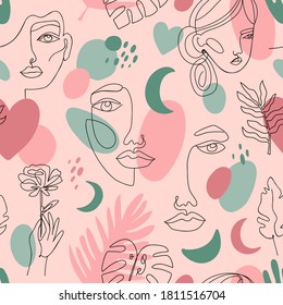 Abstract female portraits pattern. Seamless hand drawn outline female face, fashion continuous line girls portrait vector background illustration. Natural beauty, women head and flowers