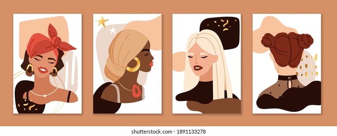 Abstract female portraits. Trendy beautiful young women faces compositions. Pretty blonde, brunette and red hair multi ethnic girls on modern art shapes collage backgrounds. Vector fashion posters set