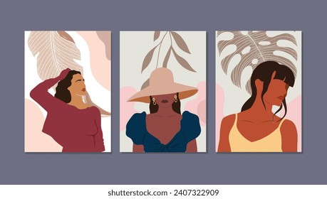 Afiche femenino abstracto. Retrato contemporáneo de silueta femenina con hojas, flores, formas geométricas orgánicas. Moderno juego de impresión mínimo. Chicas hermosas internacionales con accesorios