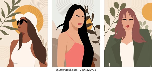 Abstract female poster. Contemporary woman silhouette portrait with leaves, flowers, geometric organic shapes. Modern minimal print set. International beautiful girls with accessories