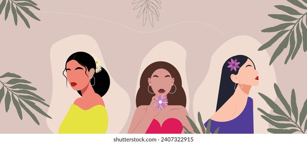 Abstract female poster. Contemporary woman silhouette portrait with leaves, flowers, geometric organic shapes. Modern minimal print set. International beautiful girls with accessories