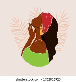 Abstract female profile portrait. Beautiful African American, Latina holds a hand near the face. Modern design for spa, beauty salons Vector illustration