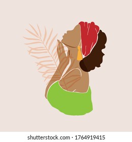 Abstract female profile portrait. Beautiful African American, Latina, white woman holds a hand near the face. Modern design for spa, beauty salons Vector illustration