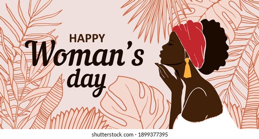 Abstract female profile portrait. Beautiful African American, in the background a large tropical leaf. Modern design valentine s day, international women s day, mother s day. Vector illustration