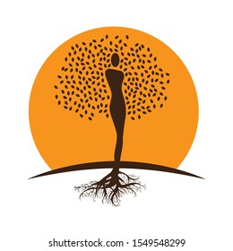 abstract female with roots, leaves and orange sun, vector logo template