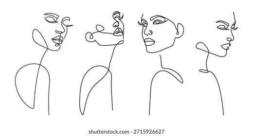 Abstract Female Set Continuous Line Drawing. Woman Face, Minimalist Fashion Concept, Female Beauty One Line Art, Vector Illustration. Woman Contemporary Portrait Minimalist Style. Not AI