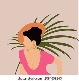 Abstract female shape and silhouette on a textured background. Abstract female lips, eyes, face in pastel colors. Collection of modern art posters. Compositions of flowers and leaves.