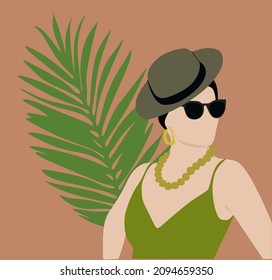 Abstract female shape and silhouette on a textured background. Abstract female lips, eyes, face in pastel colors. Collection of modern art posters. Compositions of flowers and leaves.