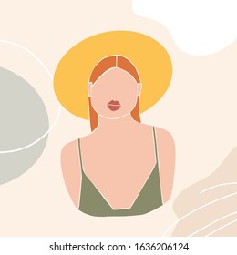 Abstract female shapes and silhouettes on retro summer background. Abstract women portraits in pastel colors. Contemporary art. Fashion paper cut elements for social media, posters, postcards, print. 