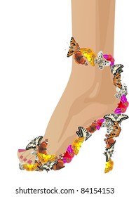 Abstract female shoes with butterflies. The illustration on white background.