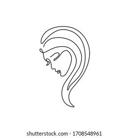 Abstract female silhouette, profile of a girl with long hair, continuous line drawing, print for clothes and logo design, small tattoo, emblem or logo design, isolated vector illustration.