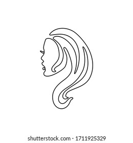 Abstract female silhouette, profile of a girl with long hair, continuous line drawing, print for clothes and logo design, small tattoo, emblem or logo design, isolated vector illustration.